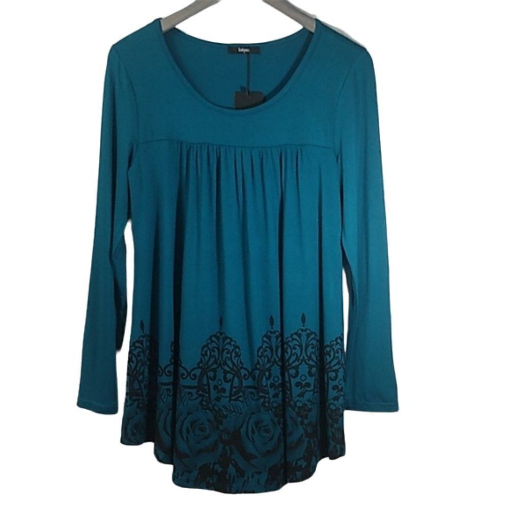 NWT Laksmi Teal Scoop Neck Stretch Tunic Floral Print Top Long Sleeves Small